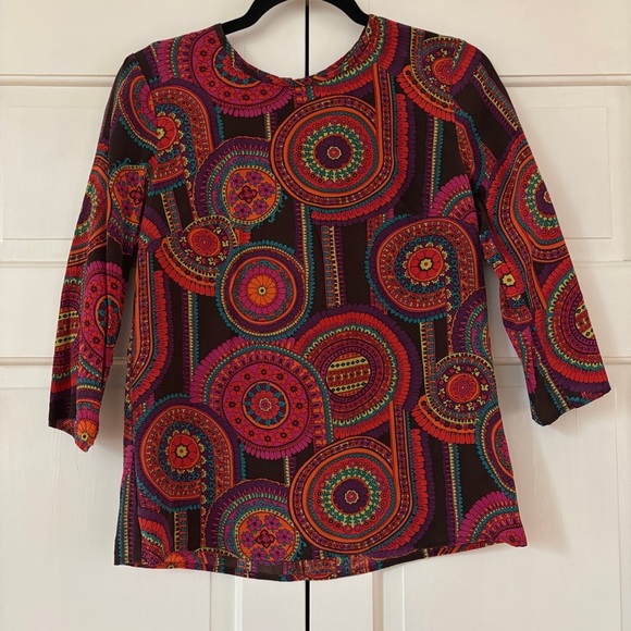 Trina Turk 3/4 Sleeve Shirt Small Abstract Floral 100% Silk Retro 70s 90s Club - Picture 1 of 13